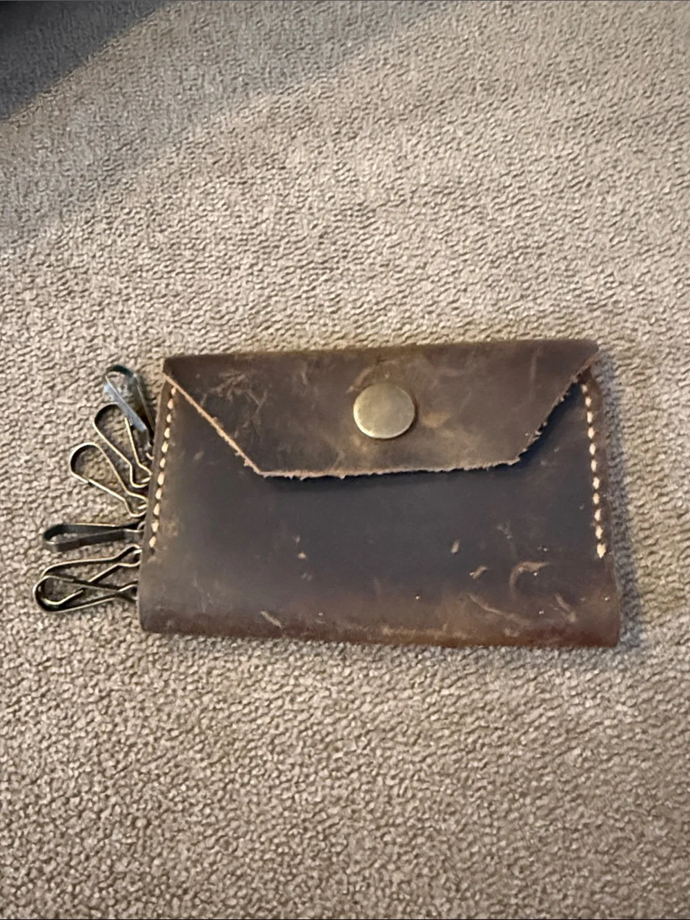 Vintage Leather Brown 6 Key Chain Holder Snap Pouch Tri- Fold Wallet (TD)